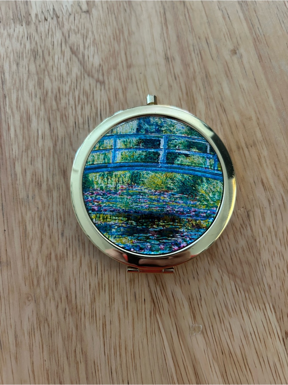 Gold Compact Mirror with Blue Green Waterlily Art